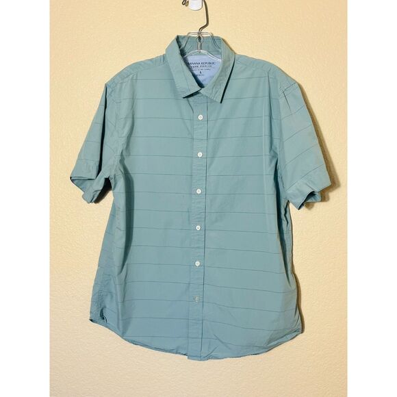 Mens Banana Republic Luxe Poplin Blue Short Sleeve Shirt Large - Picture 3 of 10